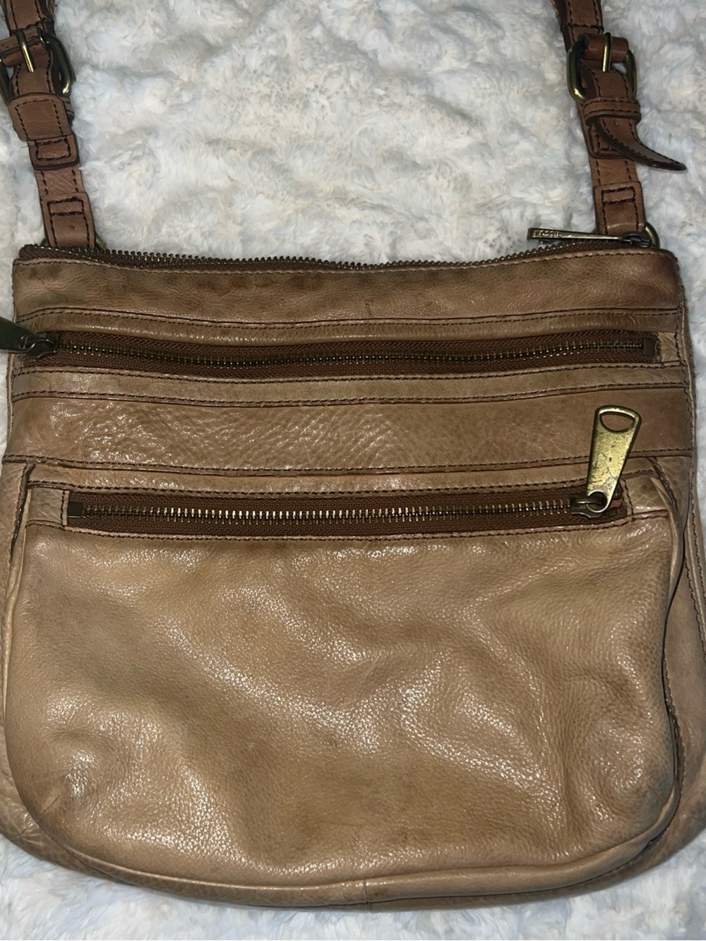 Fossil Tan Leather Crossbody Bag with Front Zippers
